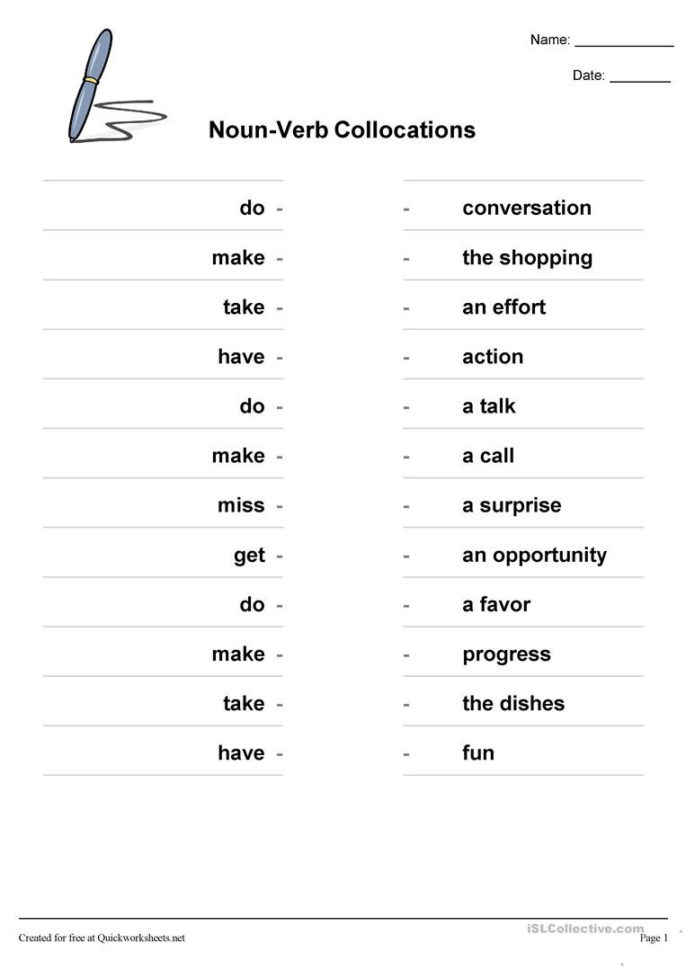 Noun Verb Collocations  English Esl Worksheets