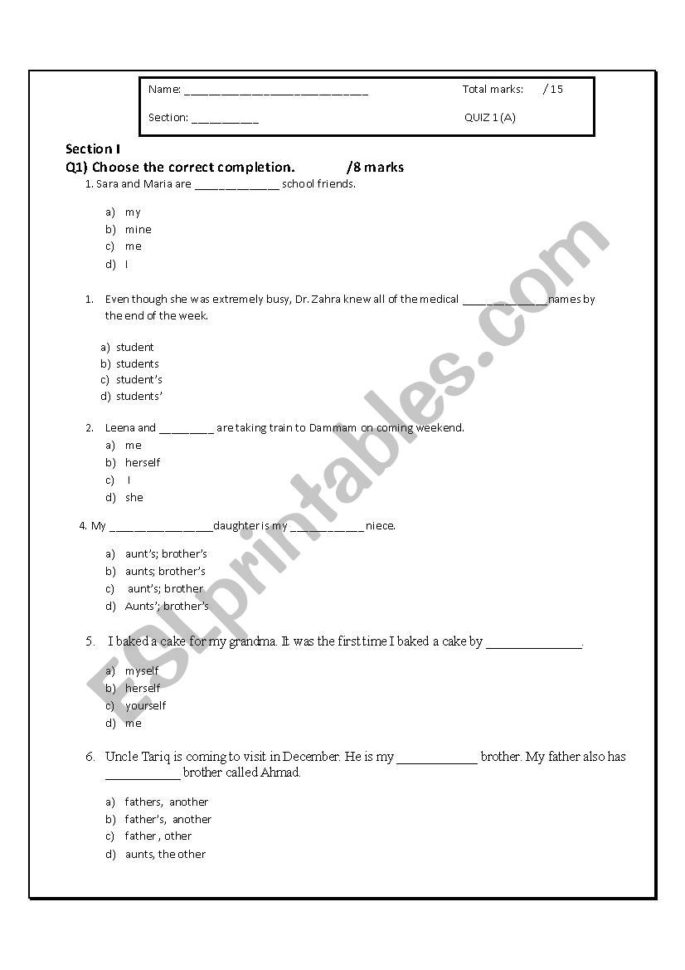 Nouns And Pronouns Quiz  Esl Worksheetzulfihan