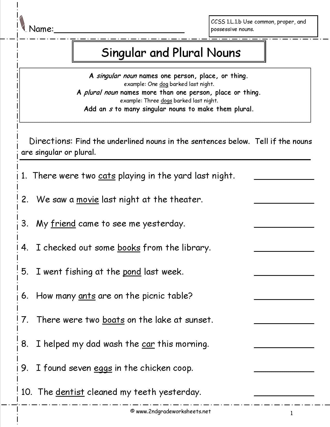 Free Noun Worksheets For 2nd Grade