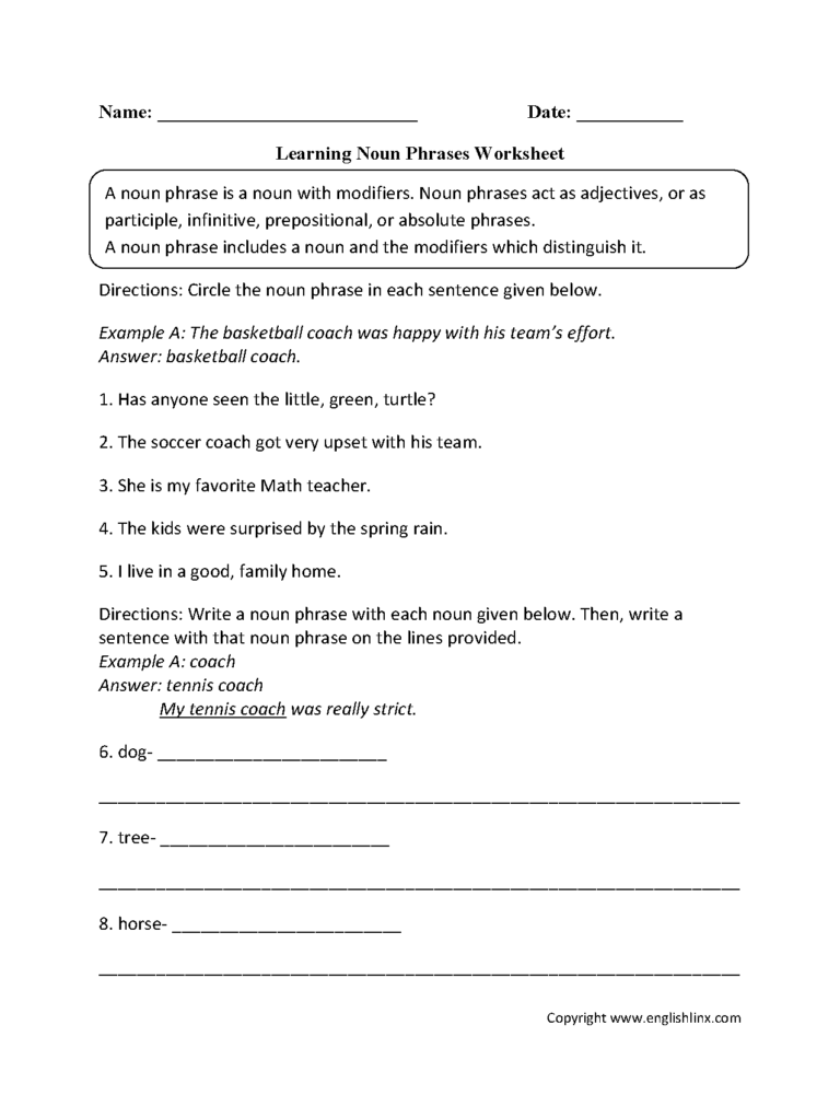 Nouns Worksheets Noun Phrases Worksheets — db-excel.com