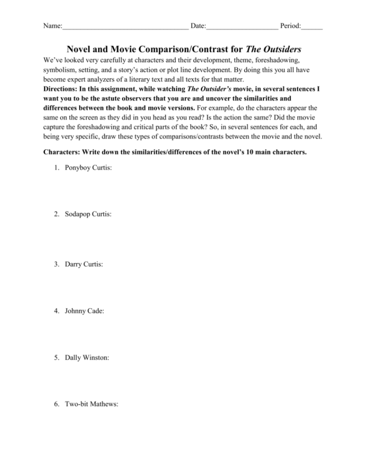 Novel And Movie Comparisoncontrast For The Outsiders