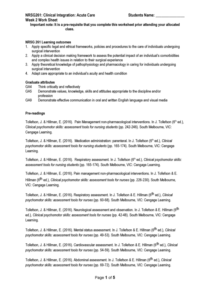 Nrsg261 Week 2 Worksheet  Clinical Integration Acute Care