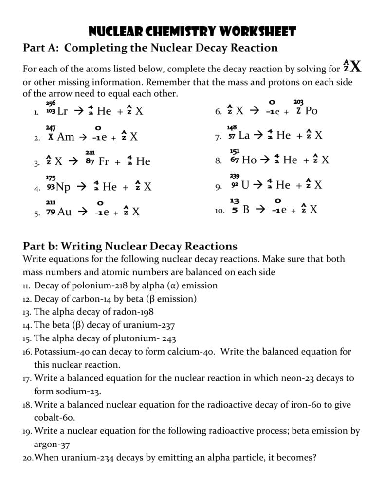 Nuclear Chemistry Worksheet K
