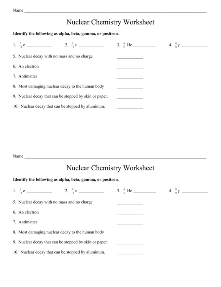 Nuclear Chemistry Worksheet