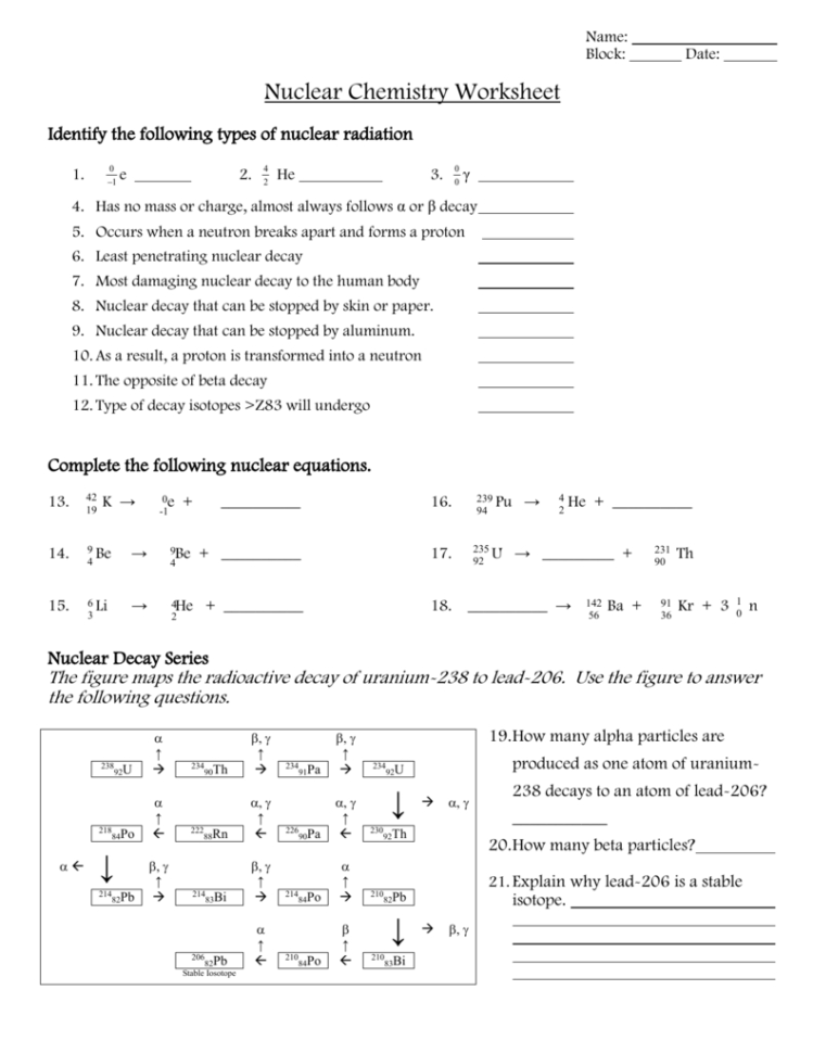 Nuclear Chemistry Worksheet Answers Pdf