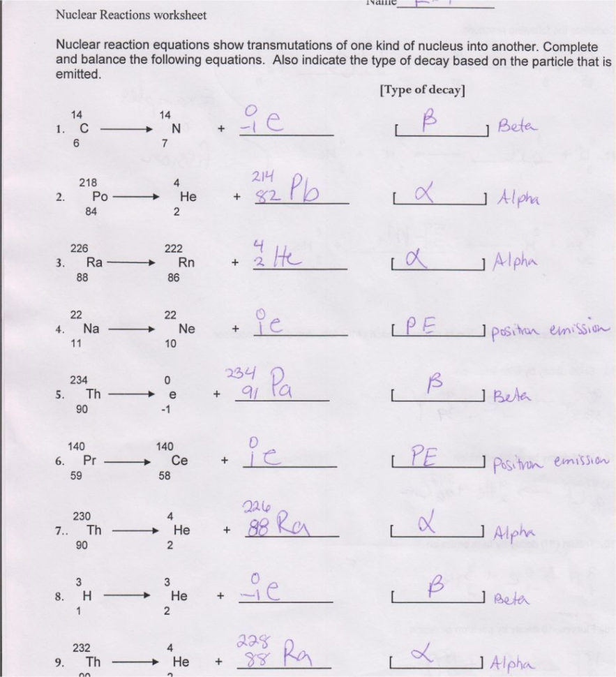 Nuclear Chemistry Worksheet Answer Key