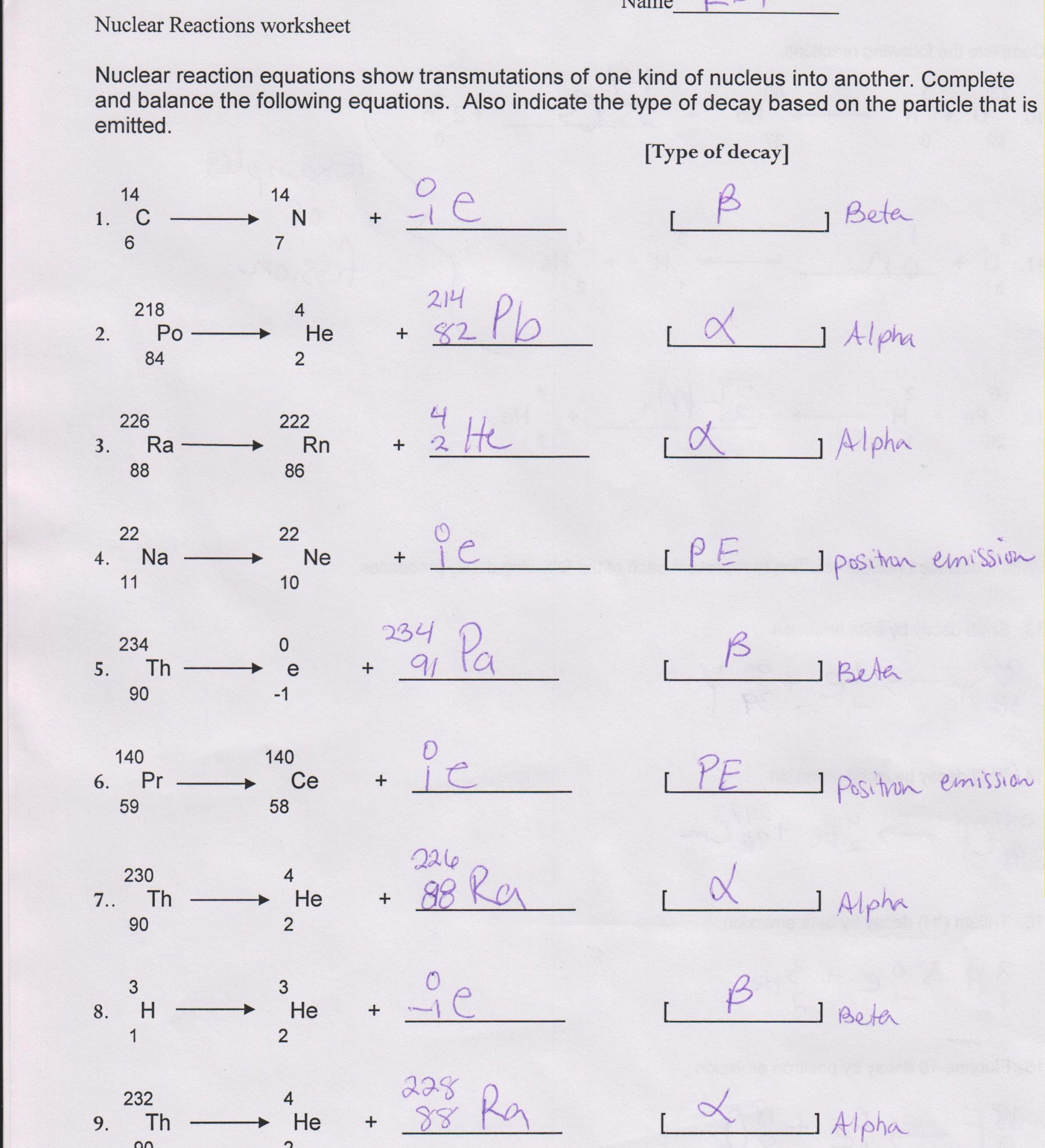 Nuclear Decay Worksheet Answers Chemistry Cursive Worksheets
