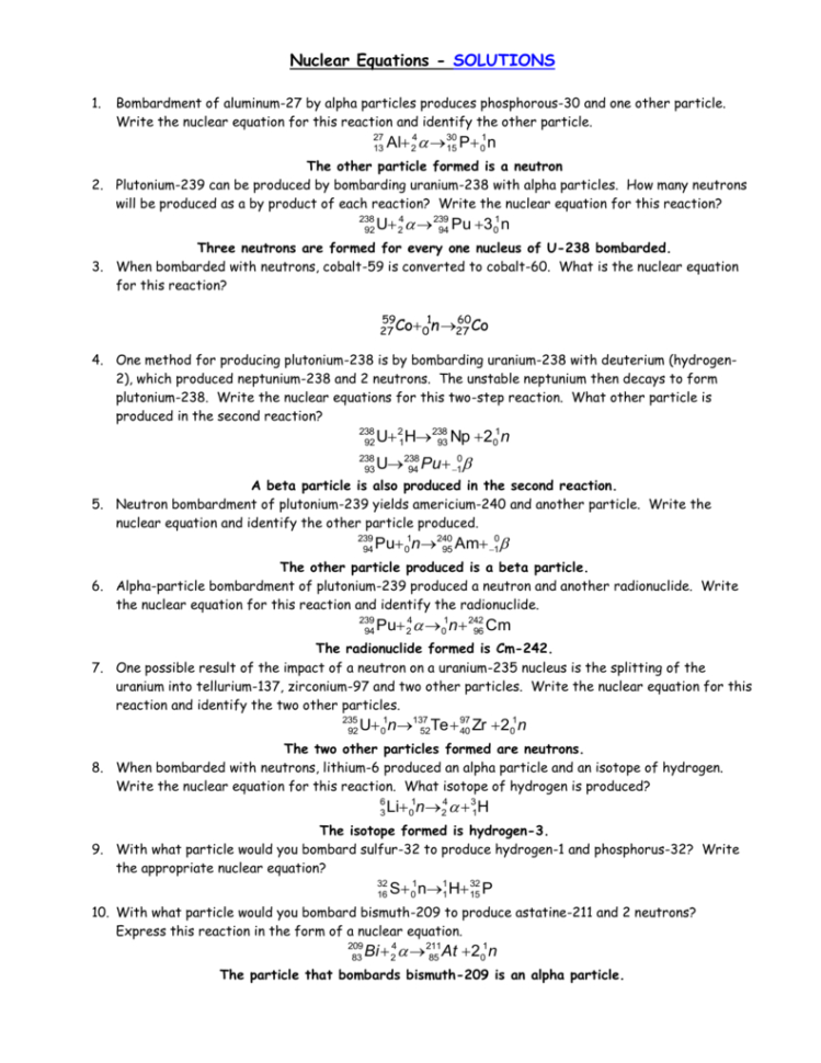 Nuclear Equations Worksheet