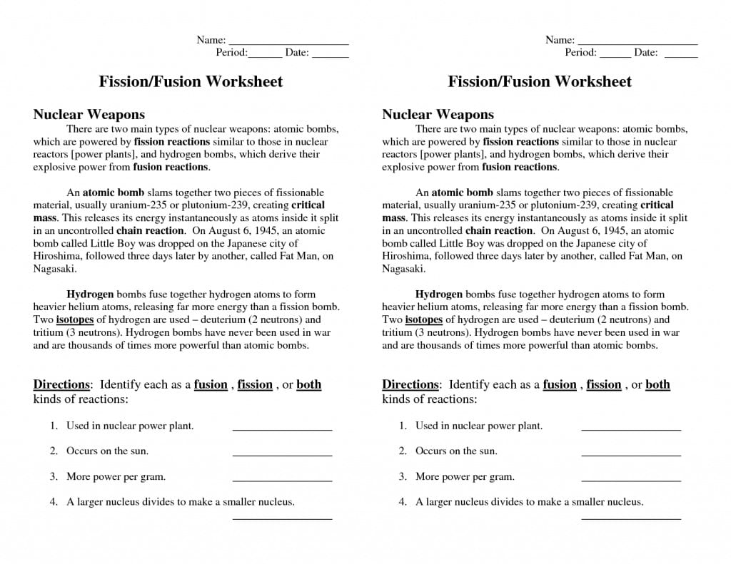 Nuclear Fission And Fusion Worksheet Answers