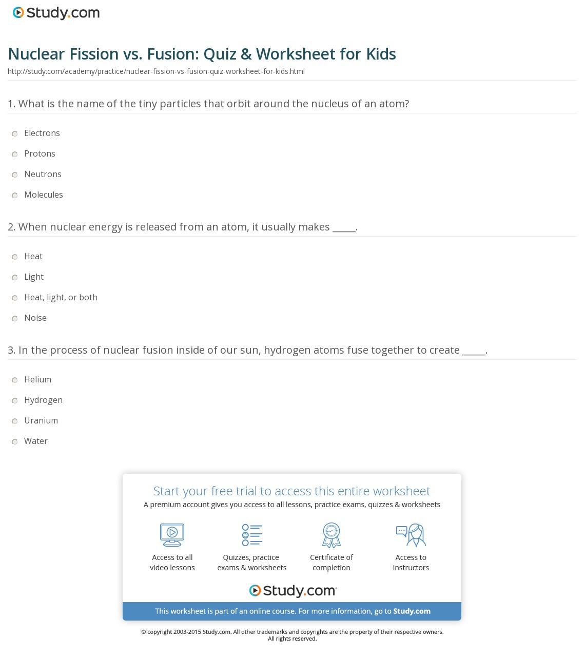 Nuclear Fission Vs Fusion Quiz  Worksheet For Kids