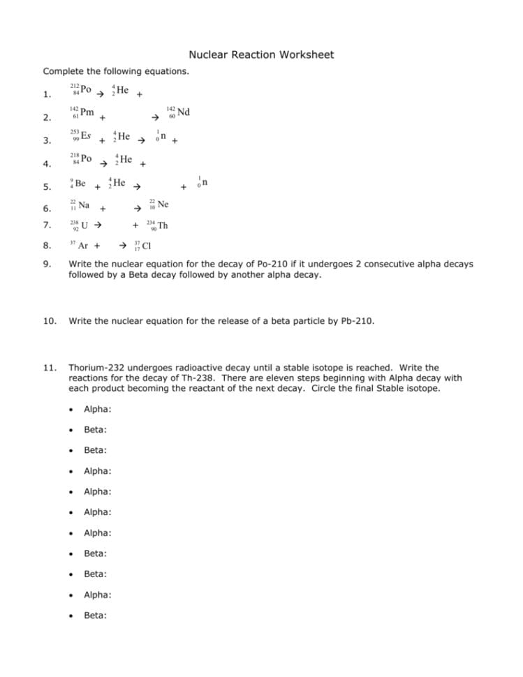 Nuclear Reaction Worksheet