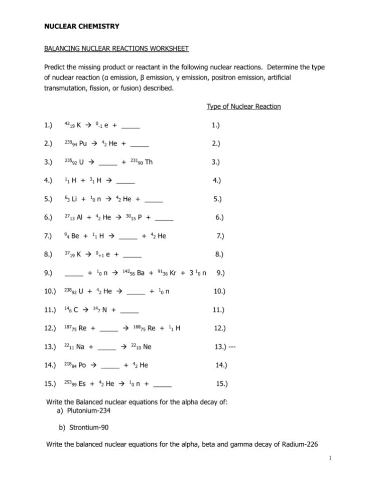 Nuclear Reactions Worksheet 2
