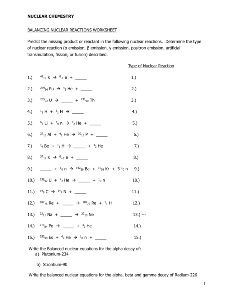 Nuclear Reactions Worksheet 2