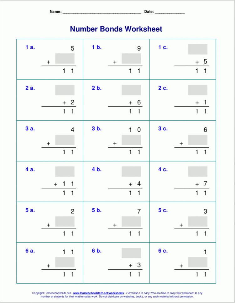 Number Bonds Worksheets