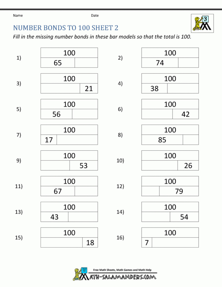 Number Bonds Worksheets To 100