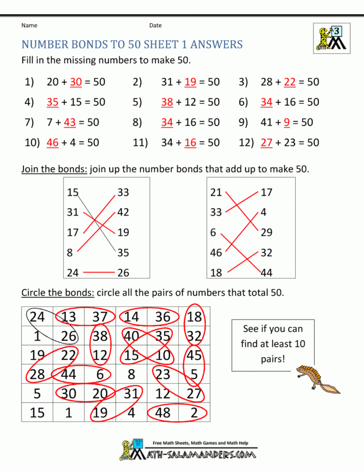 Number Bonds Worksheets To 100
