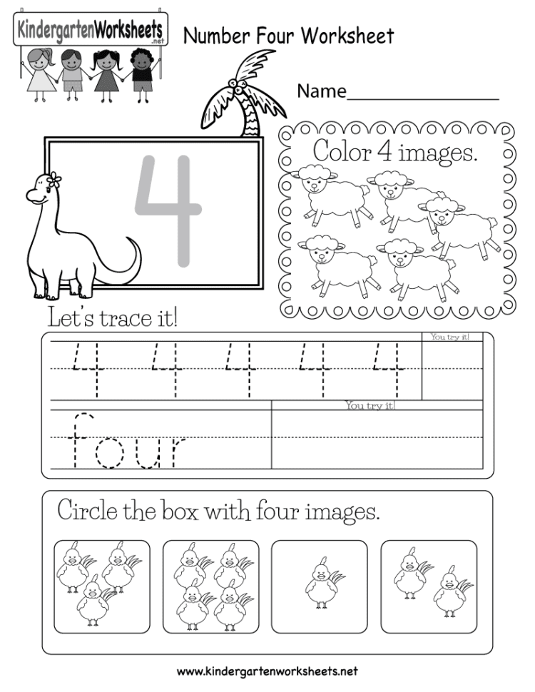 Number Four Worksheet  Free Kindergarten Math Worksheet For