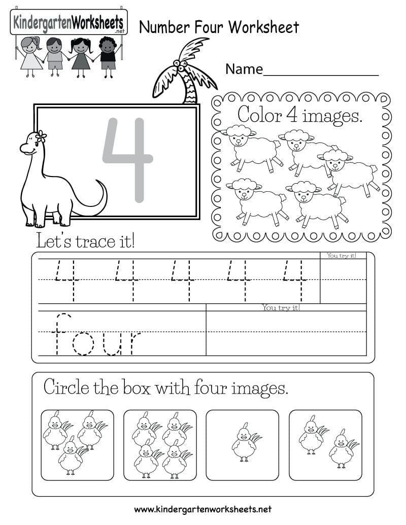 Number Four Worksheet  Free Kindergarten Math Worksheet For
