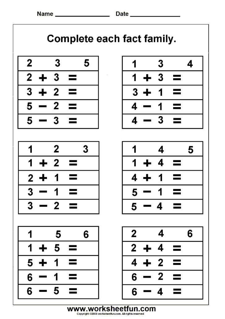 Number Fact Family Worksheets