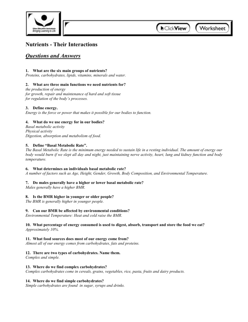 Nutrients Their Interactions  Answers  Worksheet  Biology