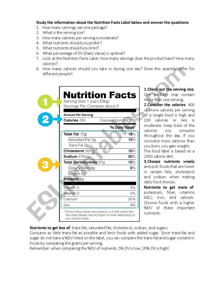 Nutrition Facts Label  Esl Worksheetvidesupra