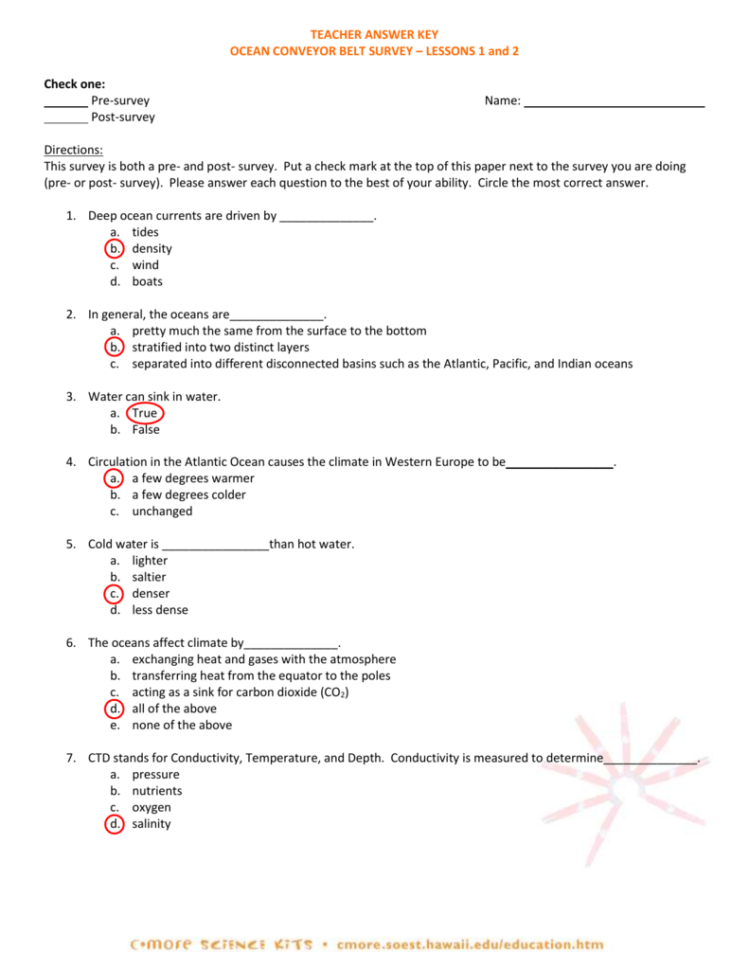 Ocean Conveyor Beltteacher Answer Keys