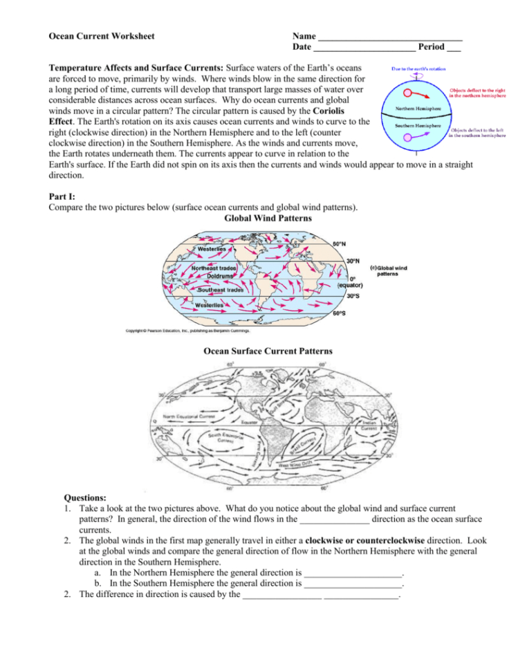 Ocean Current Worksheet Name Date Period  Temperature