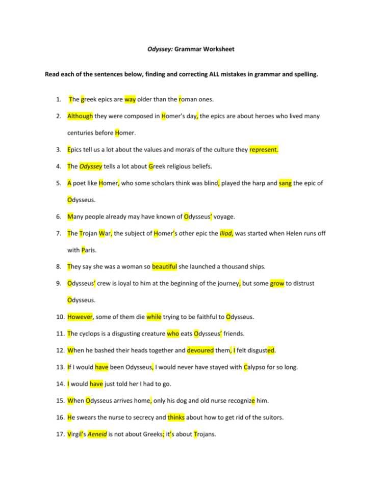 Odyssey Grammar Worksheet Key