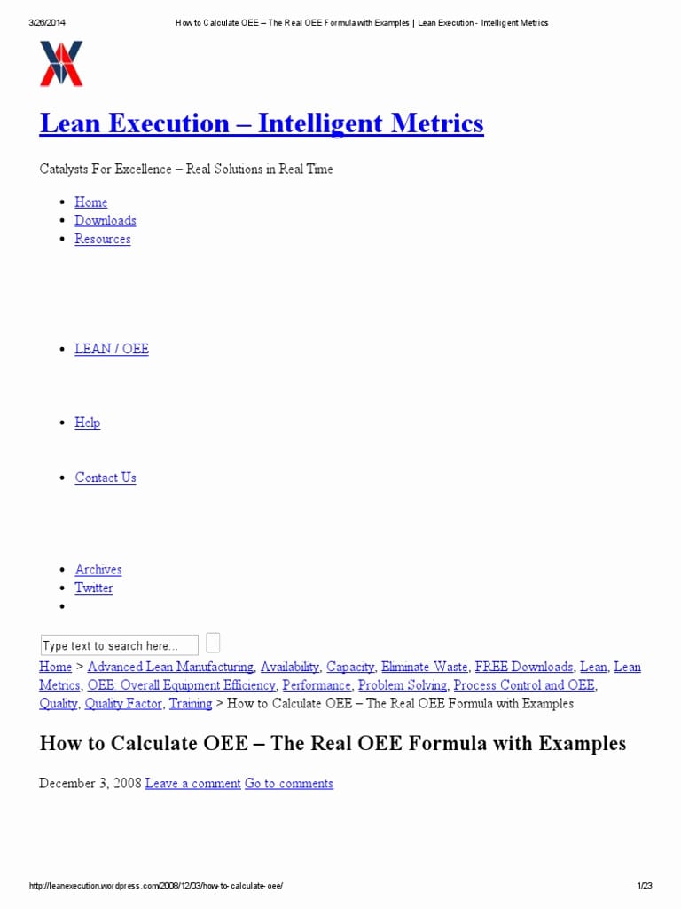 Oee Calculation Spreadsheet Of Then Calculating Oee