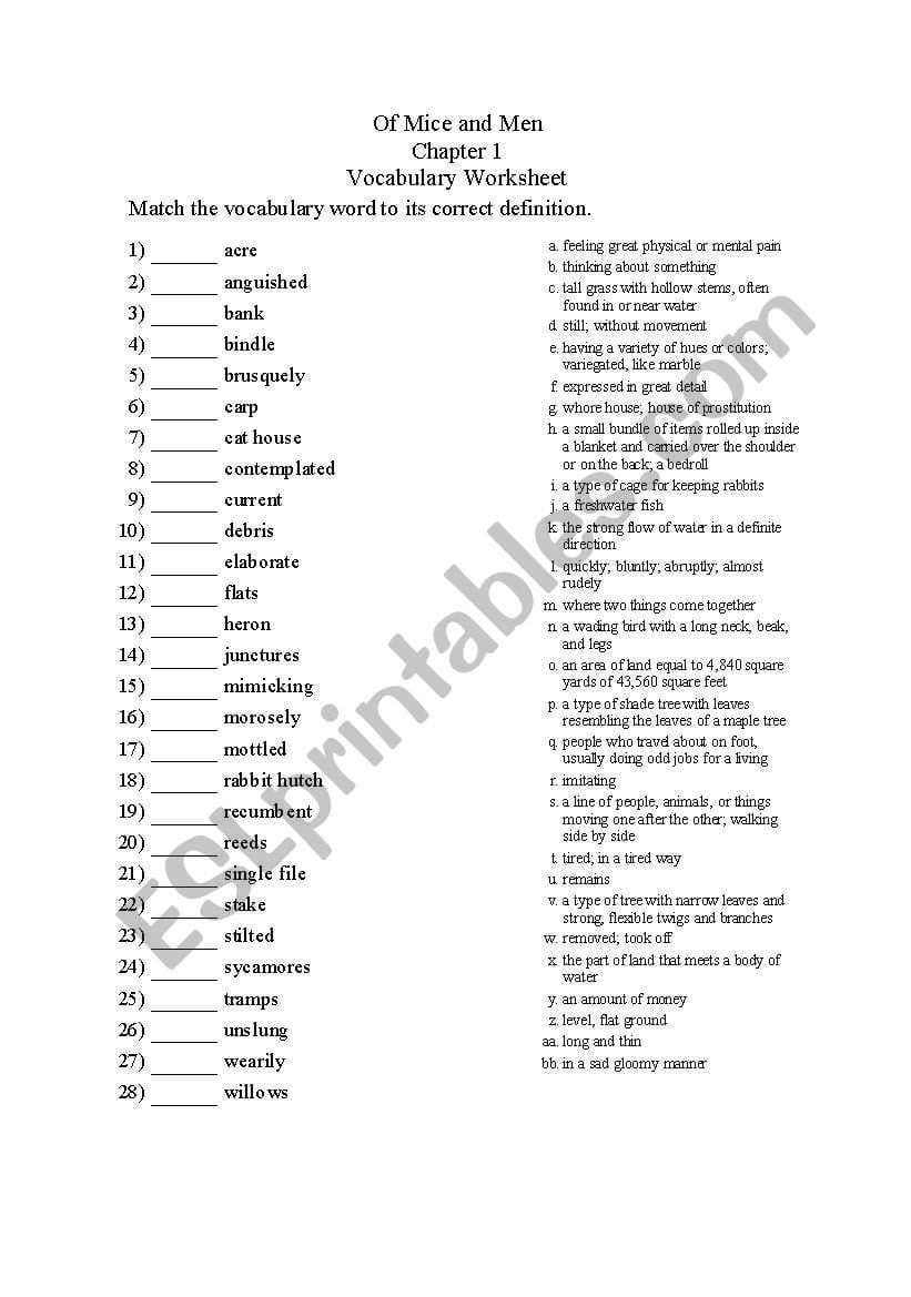 Of Mice And Men Chapter 1 Vocabulary Worksheet  Esl