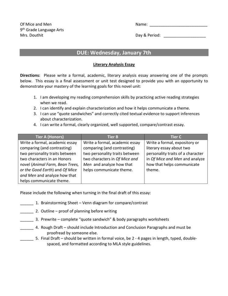 Of Mice And Men Lit Essay