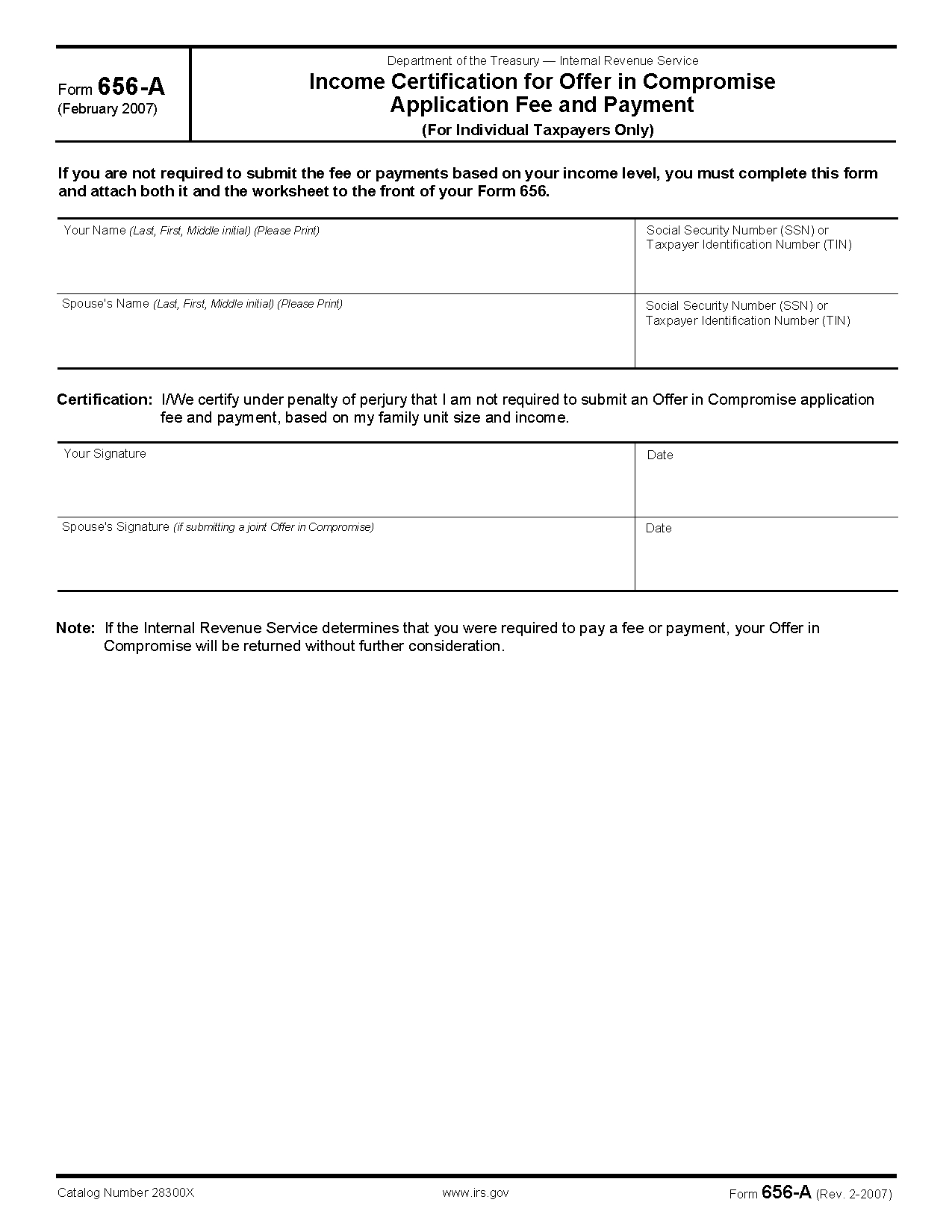 Offer In Compromise Application Fee And Payment Worksheet