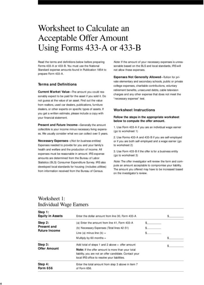 Offer In Compromise Worksheets To Calculate An Acceptable Offer