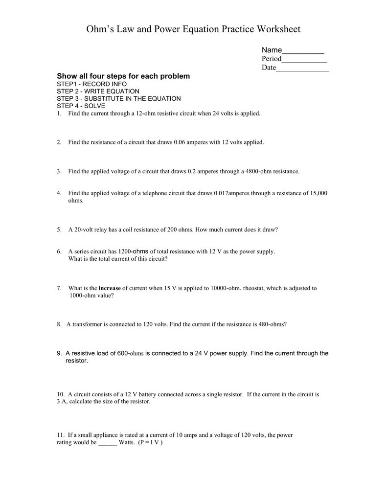 Ohms Law And Power Equation Practice Worksheet