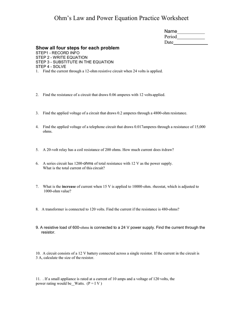 Ohms Law And Power Worksheet Answers