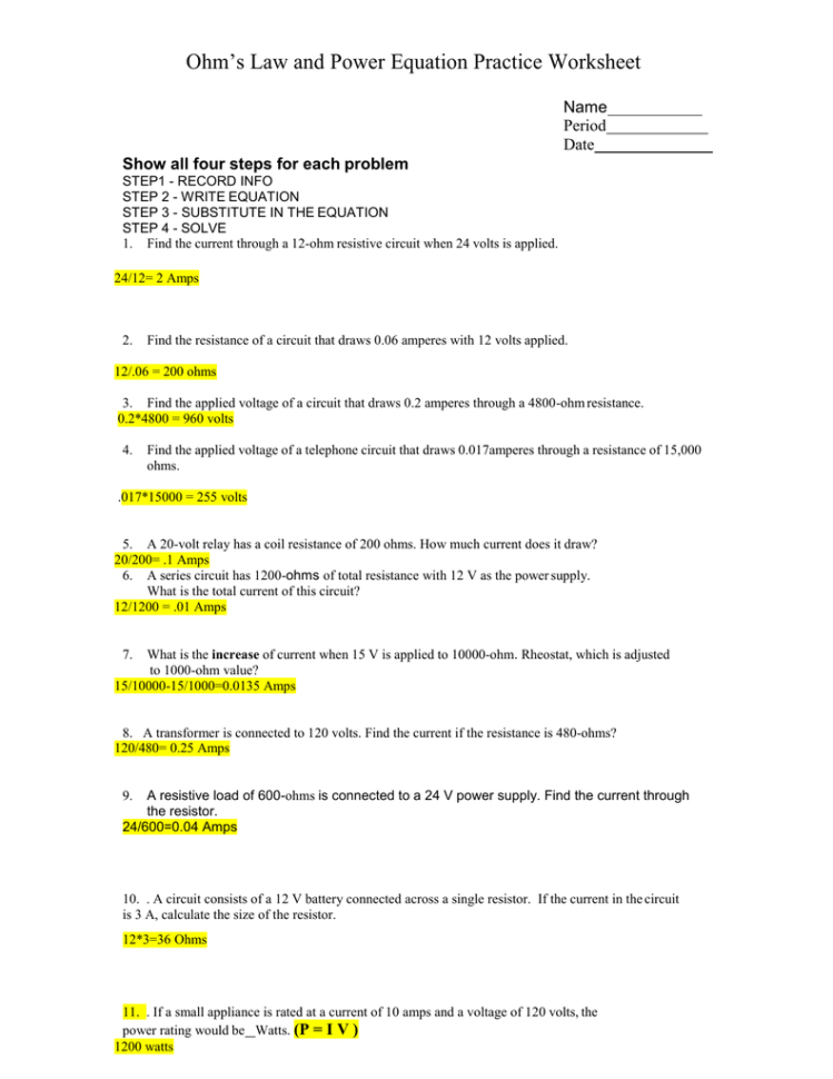 Ohms Law And Power Worksheet Answers