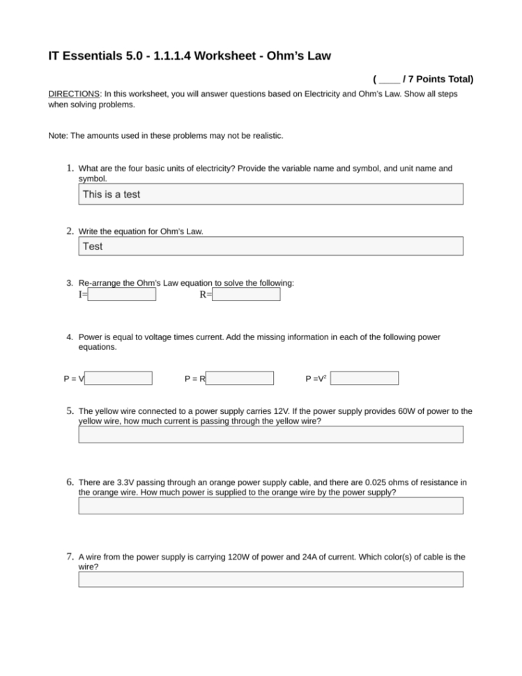 Ohms Law And Power Worksheet Answers