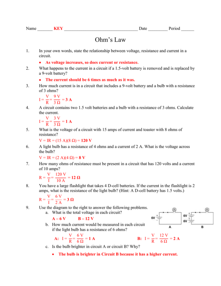 Ohms Law Key  Northern Highlands