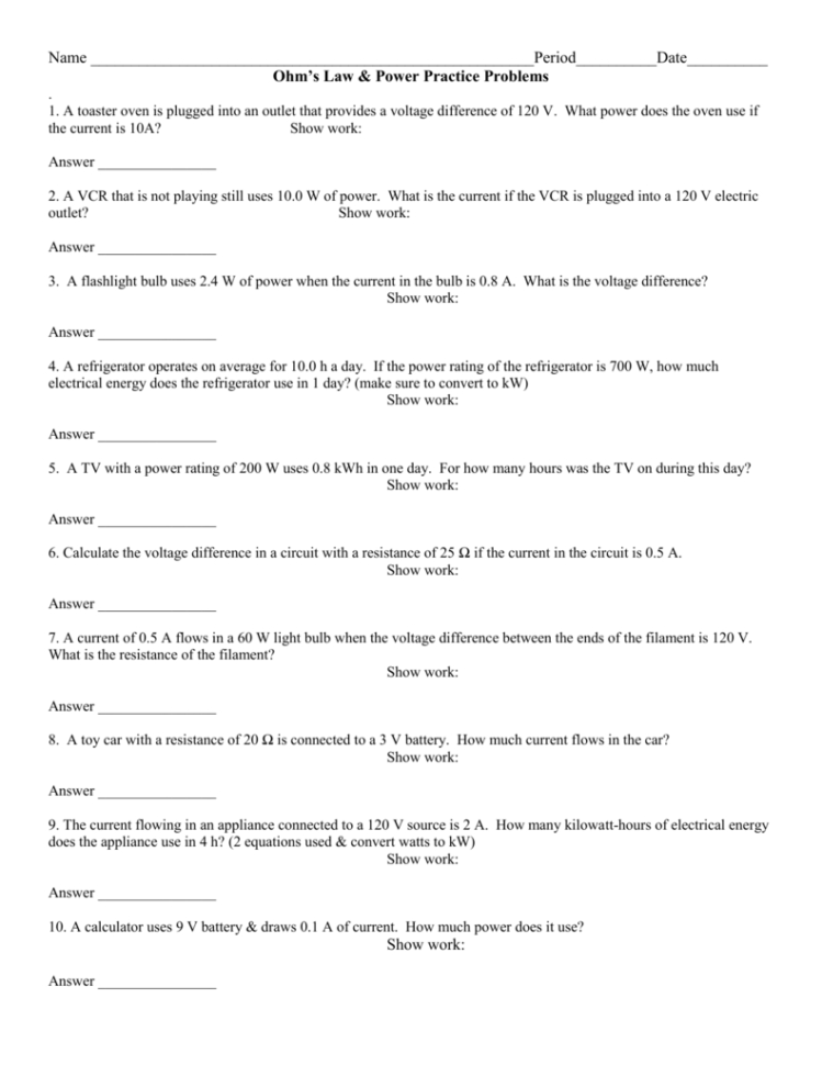 Ohm's Law  Power Practice Problems