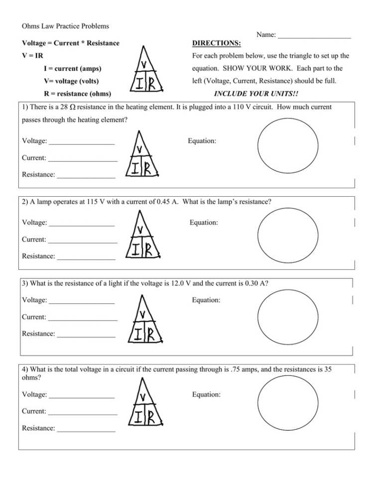 Ohms Law Practice Problems Name