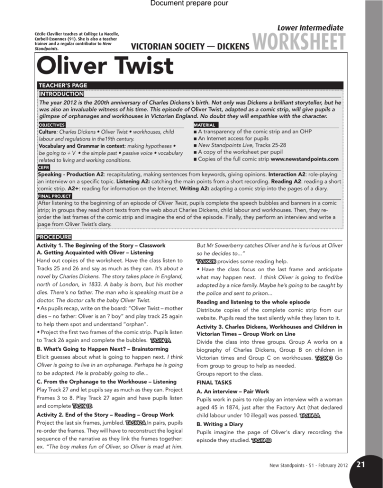 Oliver Twist  A Worksheet