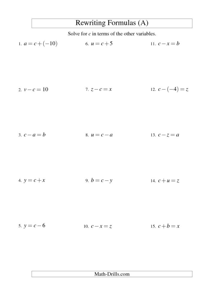 One Step Equations Addition And Subtraction Worksheet