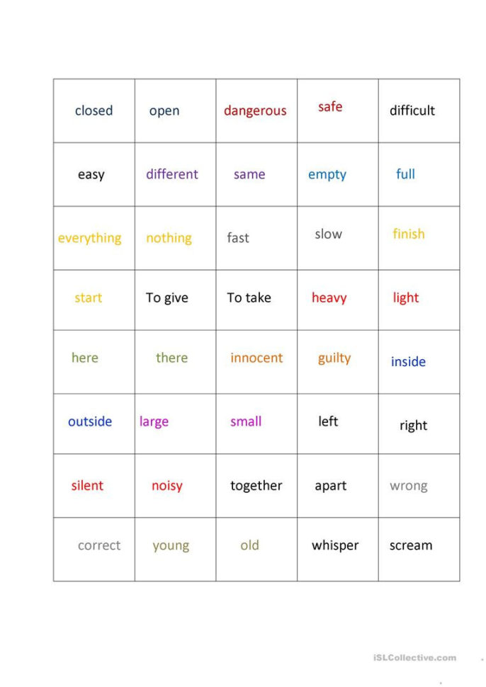 Opposites Memory Game  English Esl Worksheets