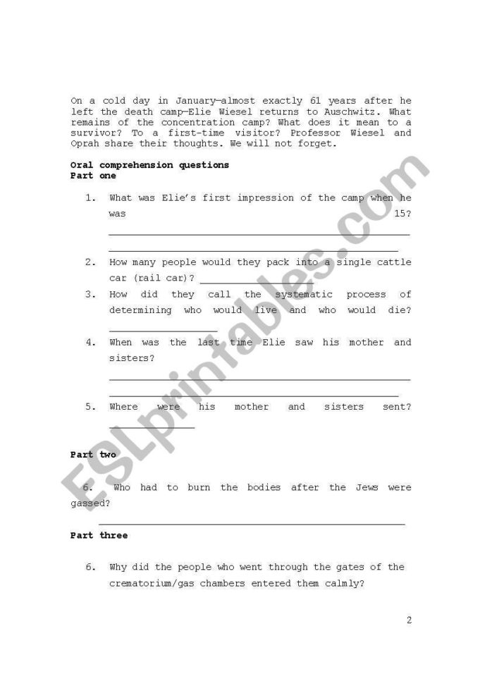 Oprah And Elie Wiesel Visit Auschwitz  Esl Worksheet