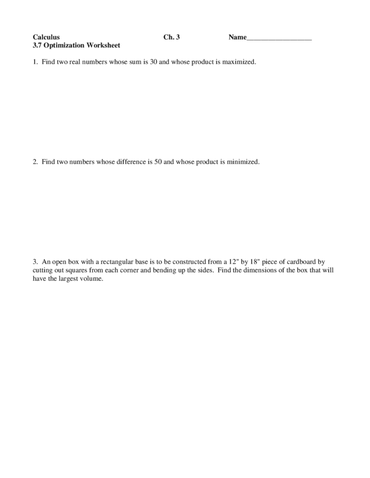 Optimization  Ap Calculus  Practices Problems  Docsity