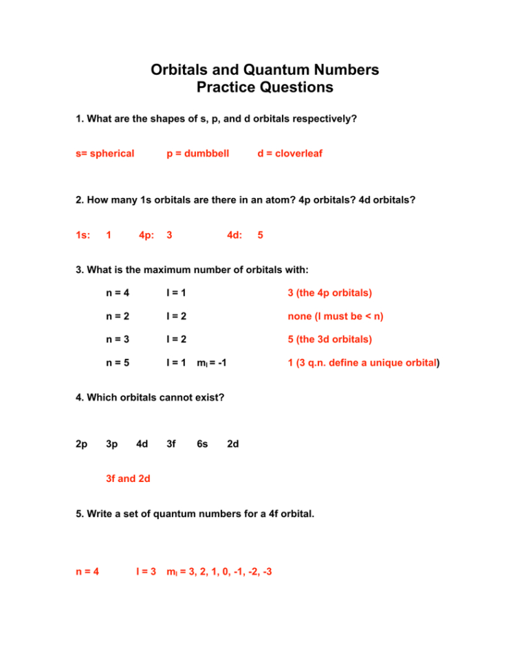 Orbitals And Quantum Numbers Practice Questions