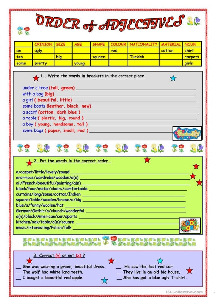 Order Of Adjectives  English Esl Worksheets