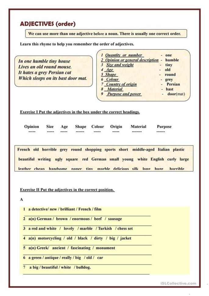 Order Of Adjectives  English Esl Worksheets