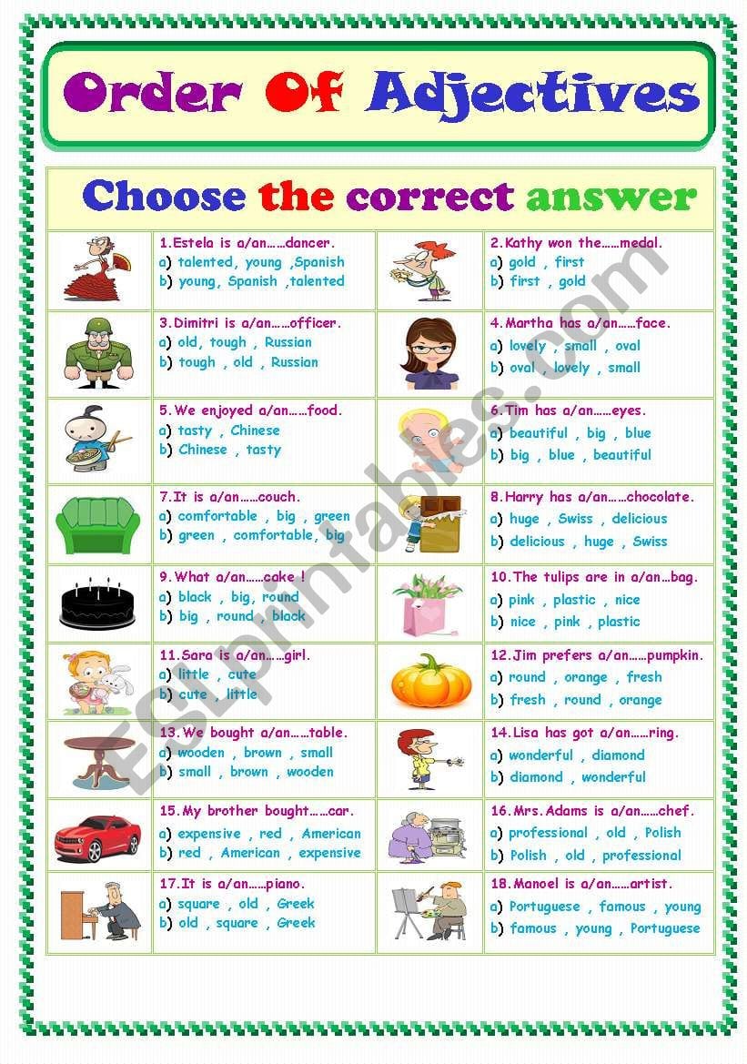 Order Of Adjectives Worksheets For Grade 3