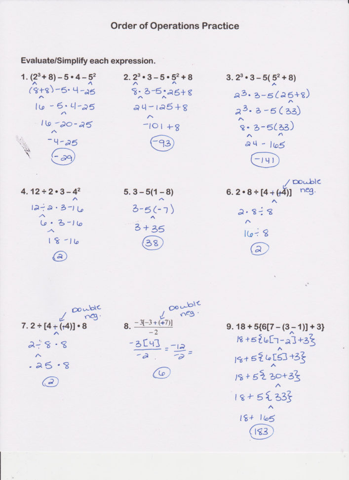 the order of operations assignment answers